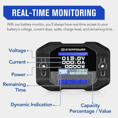Miniatura 2 de ATEM POWER Monitor de batería de 12 V 100 A con cable de derivación – Monitor de vatios de corriente en tiempo real de alto voltaje y bajo voltaje