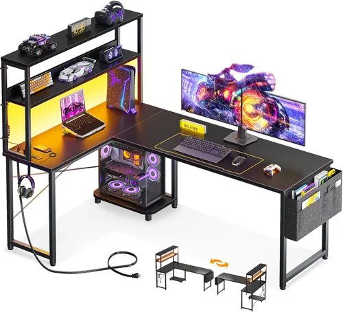 Miniatura 12 de ODK - Escritorio en forma de L de 53 pulgadas con iluminación LED, escritorio reversible para juegos con enchufes de alimentación, mesa de esquina