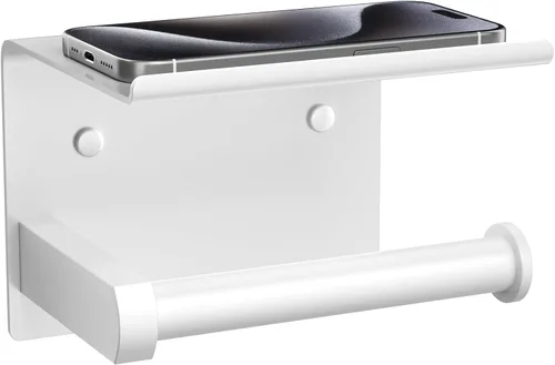 Tindbea Soporte de papel higiénico con estante para teléfono, soporte de pared adhesivo o con tornillos para rollo de papel higiénico, dispensador