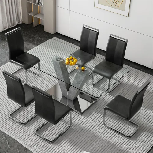 Miniatura 24 de Juego de mesa de comedor de vidrio de 71 pulgadas para 6, juego de mesa de comedor para 6, mesa de cocina moderna y 6 sillas de PU, parte superior 6