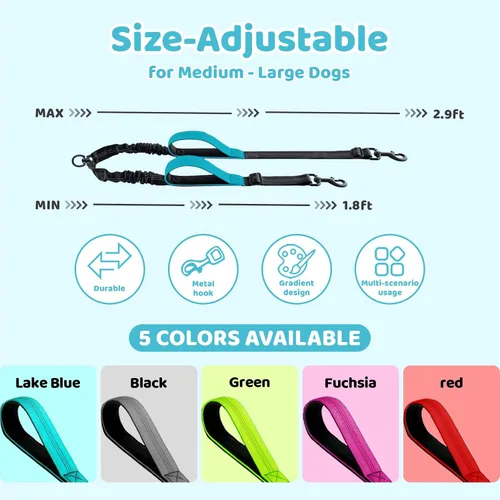 Miniatura 2 de Correa doble para perro, divisor sin enredos para dos perros, acoplador con cuerda de plomo larga ajustable, asas de control dual, elástico