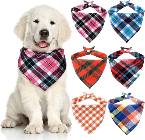 Miniatura 10 de Honoson 6 pañuelos triangulares para perro, bufanda para perro, bufanda con estampado a cuadros, baberos ajustables, lavables, juego de bandana