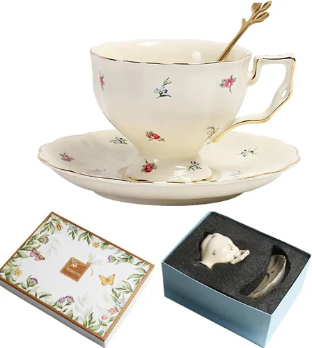 Miniatura 11 de Juego de taza de té y platillo de porcelana, taza de café de cerámica de 8.5 onzas líquidas con platillo y cuchara, taza de café vintage con ribete