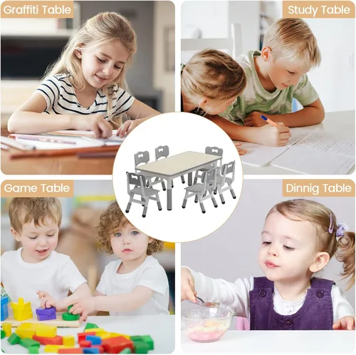 Miniatura 7 de GAOMON - Juego de mesa y 6 sillas para niños, mesa y silla ajustables en altura para niños de 2 a 10 años, escritorio con graffiti, patas Gris