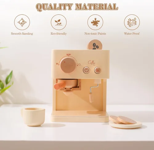 Miniatura 5 de ibwaae Cafetera para niños, 10 piezas, juego de cafetera de juguete, juego de cocina de madera, juguetes para niños pequeños, accesorios de cocina