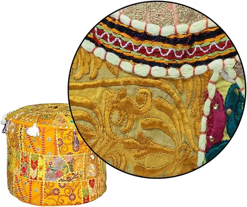 Miniatura 6 de Puf indio con reposapiés – Funda de puf otomano bordada étnica – Puf redondo de algodón – Amarillo, 22 x 14 pulgadas