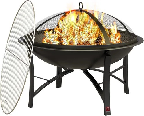 Miniatura 9 de Fire Beauty Brasero para Exteriores para Quemar Leña, Parrilla BBQ Tazón de Fuego de Acero con Cubierta de Malla Protectora contra Chispas, Rejilla