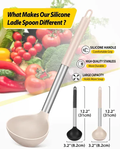 Miniatura 2 de Paquete de 2 cucharones de cucharón, cuchara grande de silicona para sopa, utensilios de cocina antiadherentes con alta resistencia al calor, sin