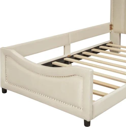 Miniatura 6 de Quarte Sofá cama tapizado de tamaño individual con cabecero clásico en forma de rayas, bonita cama de plataforma para niños y niñas