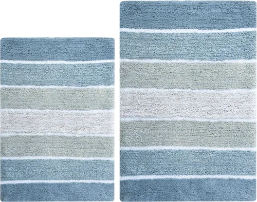 Chardin Home - Juego de tapetes de baño rayados, 100% puro algodón (2 unidades, 24" x 40" y 21" x 34"), con base de látex antiderrapante