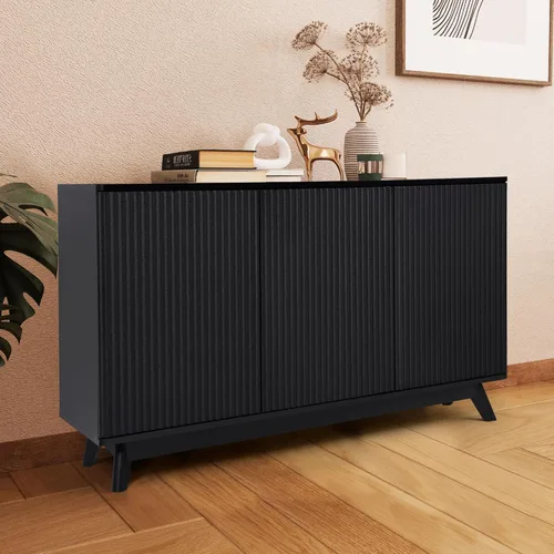 Miniatura 12 de Armario de almacenamiento estriado, aparador de buffet moderno con estantes ajustables, aparador independiente con puertas dobles, armario Nogal