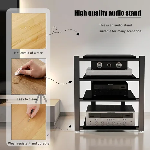 Miniatura 6 de Av - Estante de audio resistente, soporte para reproductor multimedia con estantes de madera, gabinete de equipo estéreo de CD negro, adecuado