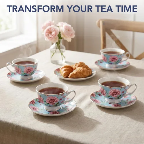 Miniatura 5 de BTaT - Juego de tazas de té y platillos florales, 8 onzas, juego de tazas de té de porcelana fina con ribete dorado para té de la tarde, bodas