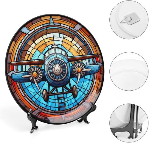 Miniatura 4 de Platos decorativos, diseño de vitrales, placa de exhibición de avión de acuarela para el hogar, oficina, cocina, decoración de mesa, platos