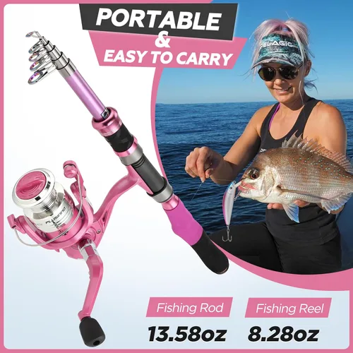 Miniatura 6 de Combos de caña de pescar y carrete, regalos de equipo de pesca para mujeres con carrete giratorio, señuelos, línea, kit de caña telescópica rosa