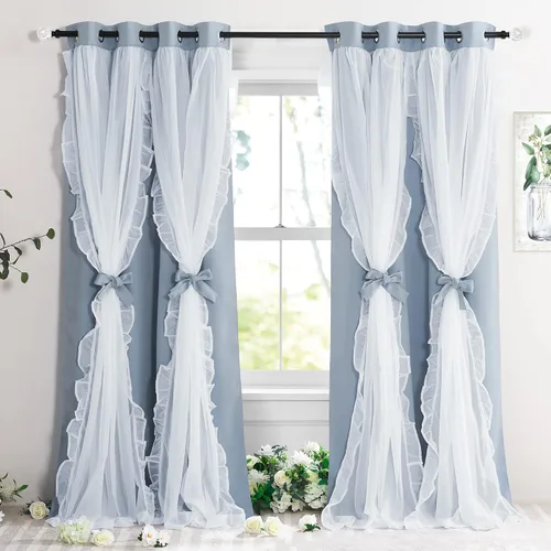Miniatura 27 de PONY DANCE Cortinas con Volantes de Doble Capa con Superposición Transparente, Decoración Elegante para Ventanas de Diseño Rústico Francés de Campo