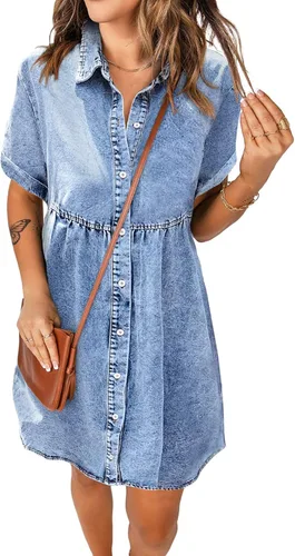 luvamia - Vestido casual de mezclilla tipo babydoll, de manga corta, escalonado, con botones, para mujer