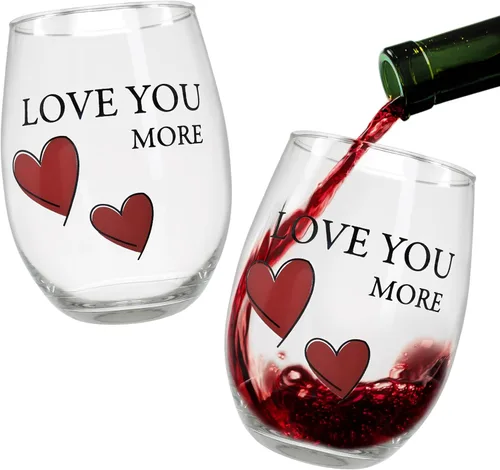 Miniatura 8 de BANBERRY DESIGNS Lover's - Juego de 2 copas de vino sin tallo "Love You More" con corazones decorativos, copas de vino románticas para él