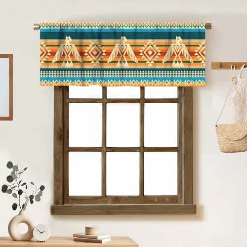 Cortina de cenefa tribal geométrica étnica nativa americana, diseño tribal navajo, cenefa con bolsillo para barra, 1 panel, cortinas cortas para