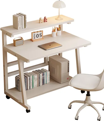 Miniatura 11 de Escritorio compacto de 31.5 pulgadas para computadora con mesa de trabajo de niveles y ruedas con bloqueo, escritorio pequeño para dormitorio