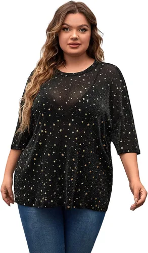 Miniatura 5 de MakeMeChic Camiseta de manga corta de malla transparente con purpurina para mujer, talla grande