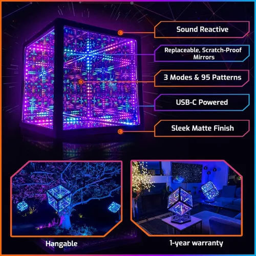 Miniatura 2 de La Compañía de Iluminación Hyperspace HyperCube Infinity Cube LED Light - Lámpara de Escritorio de Mesa Reactiva al Sonido de 10 Pulgadas - Lámpara