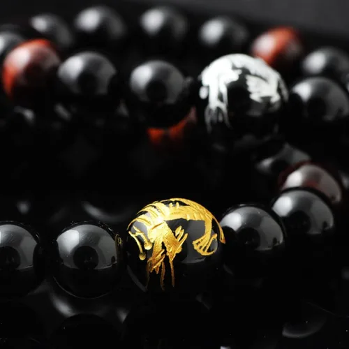 Miniatura 8 de Men's Tiger Eye Stone Elastic Bead Bracelet with Dragon Pattern Bead Dragon & Beaded Bracelet