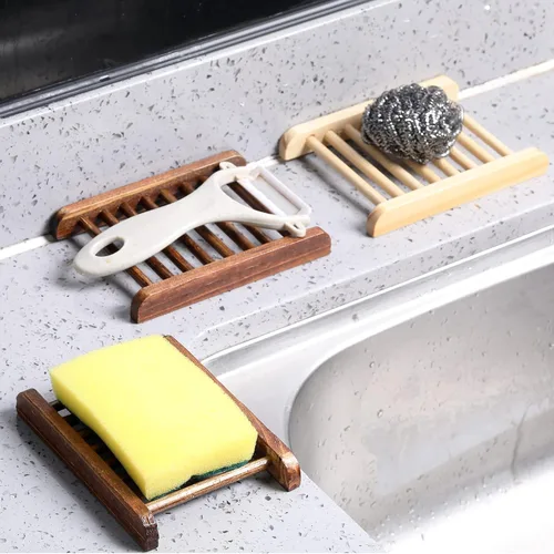 Miniatura 6 de Potchen Jabonera de bambú de madera artesanal para ducha, rectangular, bañera, ducha, plato de ducha, accesorios para el hogar, baño, esponjas
