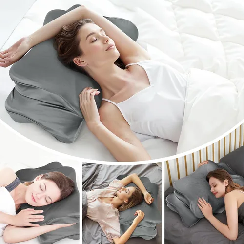 Miniatura 4 de Funda de almohada de satén grueso, funda de almohada elástica de 16 x 24 pulgadas para almohada cervical o almohadas de espuma viscoelástica, Gris