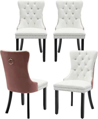 Miniatura 9 de Juego de 2 sillas de comedor de terciopelo, silla de comedor tapizada de alta gama con tirador de anillo en la espalda, adorno de clavos y patas