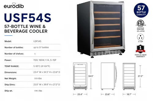 Miniatura 4 de Eurodib USF54S - Refrigerador de vino con capacidad para 57 botellas de una sola temperatura de vidrio completo bajo encimera, estilo urbano, 110 V
