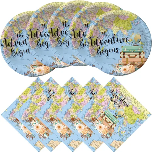 Adventure World Awaits - Suministros para fiestas, 20 platos y 20 servilletas, suministros de decoración de fiesta de The Adventure Begin,