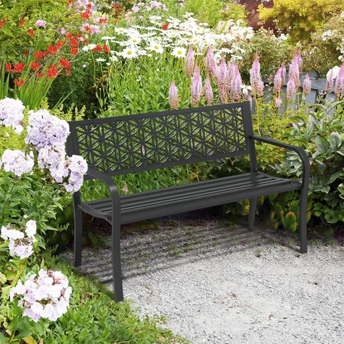 Miniatura 7 de VINGLI Banco de metal para exteriores de 50 pulgadas con respaldo floral, banco de jardín delantero para patio, entrada, parque exterior, capacidad