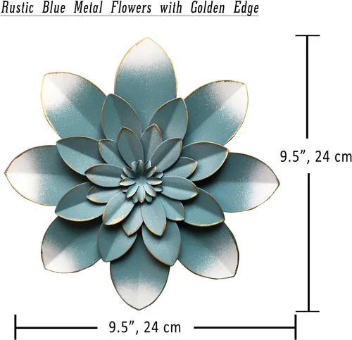 Miniatura 3 de Decoración artística de pared de flores de metal azul, escultura floral rústica moderna de 9.5 pulgadas, decoración desgastada para colgar