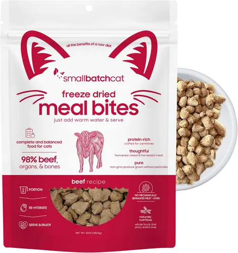 smallbatch Alimento crudo liofilizado para gatos, bocados de alimentos estables en conservación, receta de carne, comida o adorno alto en proteínas