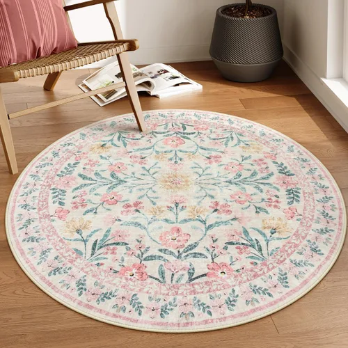 Lahome - Alfombra redonda bóhema de color rosa claro de 4 pies, alfombras pequeñas circulares lavables para dormitorio de niños, alfombra circular
