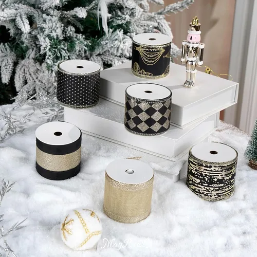 Miniatura 3 de MAYREEL Cinta de Navidad negra y dorada de 2.5 pulgadas con alambre para árboles de Navidad, coronas, adornos para la copa del árbol, manualidades