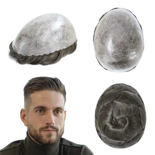 Miniatura 14 de HAIR NATURE Sistemas de reemplazo de cabello humano Toupee para hombre, 0.005 in, piel de polietileno inyectada, pelucas reales para hombres