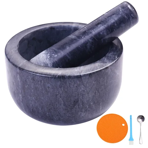 Juego de mortero y mortero pulido de mármol natural guacamole molcajete, molinillo de especias de piedra de 5.5 pulgadas con almohadilla de