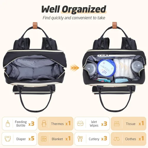 Miniatura 4 de Mochila de Pañales - Mochila de Pañales Extra Grande para 2 Niños Gemelos, Bolsos de Viaje para Bebés para Mamá Papá 25-37L Expandible con Negro