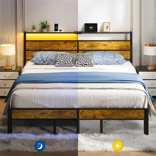 Miniatura 7 de Liians Base de cama tamaño King con cabecera de estación de carga USB tipo C, luces LED inteligentes, plataforma de metal sin ruido, no necesita
