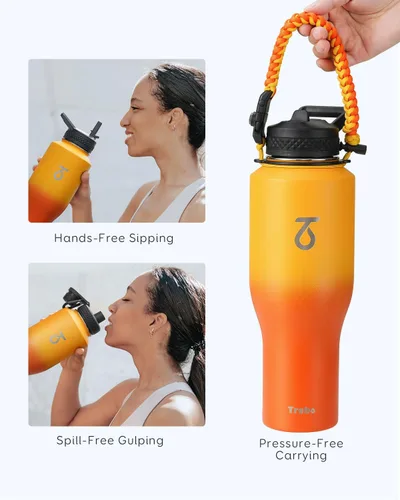 Miniatura 4 de Trebo Botella de agua aislada de 40 onzas que cabe en el soporte para tazas, botellas de acero inoxidable, vaso de metal de doble pared con tapas