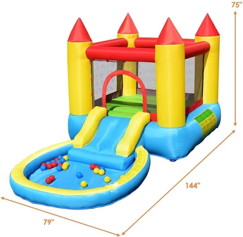 Miniatura 7 de OLAKIDS Tobogán acuático inflable, casa de rebote 4 en 1 para niños con tobogán, piscina de salpicaduras, gran área de rebote de malla de poliéster