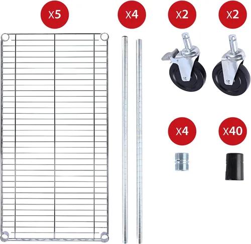 Miniatura 8 de Alera Kit de estantería de alambre de 5 estantes con ruedas y revestimientos para estantes, 36 pulgadas de ancho x 18 pulgadas de profundidad x 72
