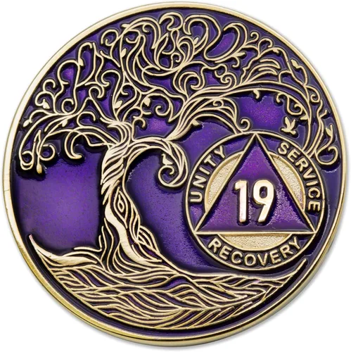 Miniatura 10 de 20 Year Sobriety Mint Twisted Tree of Life - Medallón de recuperación AA chapado en oro, fichas y fichas, color negro