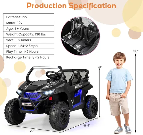Miniatura 7 de HONEY JOY Auto de 2 plazas, 12 V, batería de 12 V, con control remoto, suspensión de resorte, velocidad alta/baja, almacenamiento, música, USB, Negro