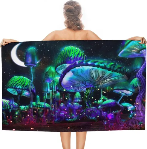 Toalla de playa de hongos gigantes, temática de fantasía de plantas de bosque natural espacial para campamento/baño/toalla de baño para adultos,