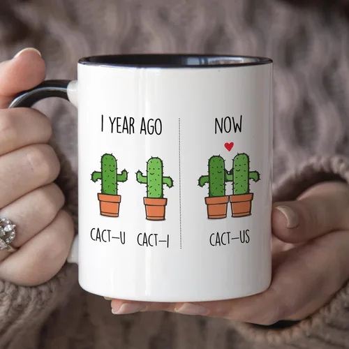Miniatura 3 de YouNique Designs 1 Año Fechado taza, 11 onzas, Divertida taza de café de aniversario del primer año para parejas, Mango negro