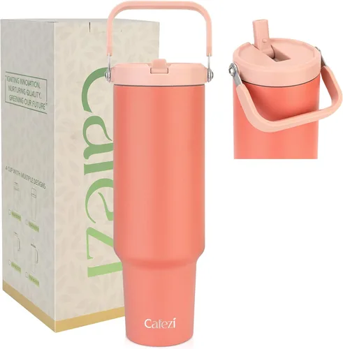 Miniatura 25 de Vaso de 30 onzas con tapa y pajita, vasos de acero inoxidable con aislamiento al vacío con pajita plegable y asa superior, botella de agua aislada