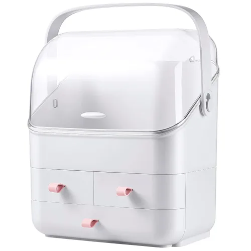 Miniatura 11 de LINFIDITE Caja de almacenamiento de cosméticos con tapa transparente, organizador de maquillaje grande, caja con cajones, mango portátil